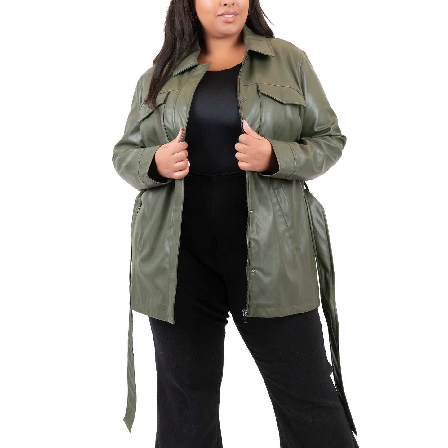 Plus Size Faux Leather Belted Four-Pocket Jacket