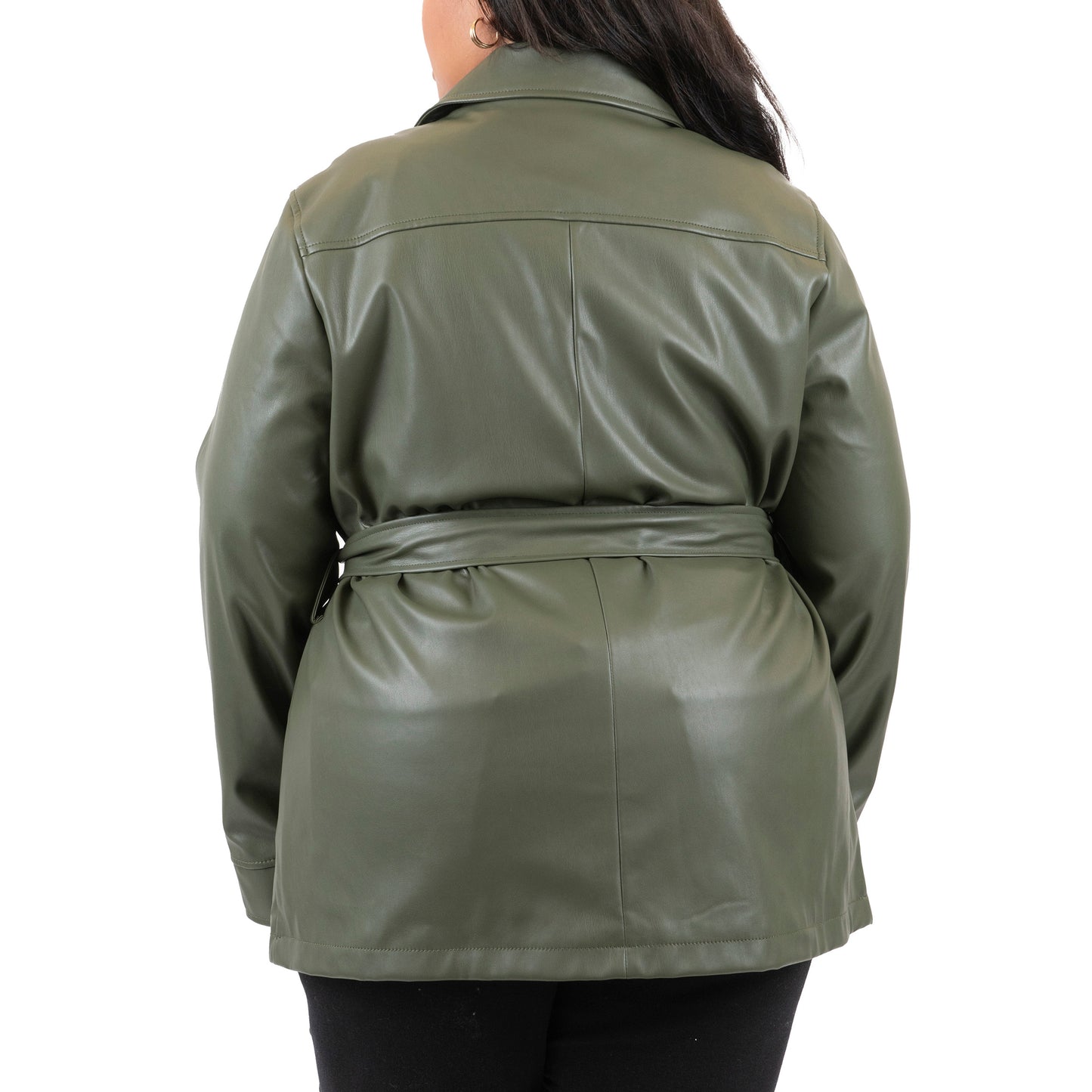 Plus Size Faux Leather Belted Four-Pocket Jacket