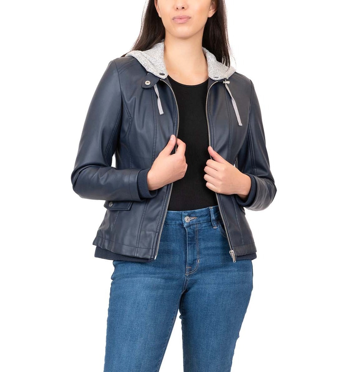 Faux Leather Jacket with Knit Hood