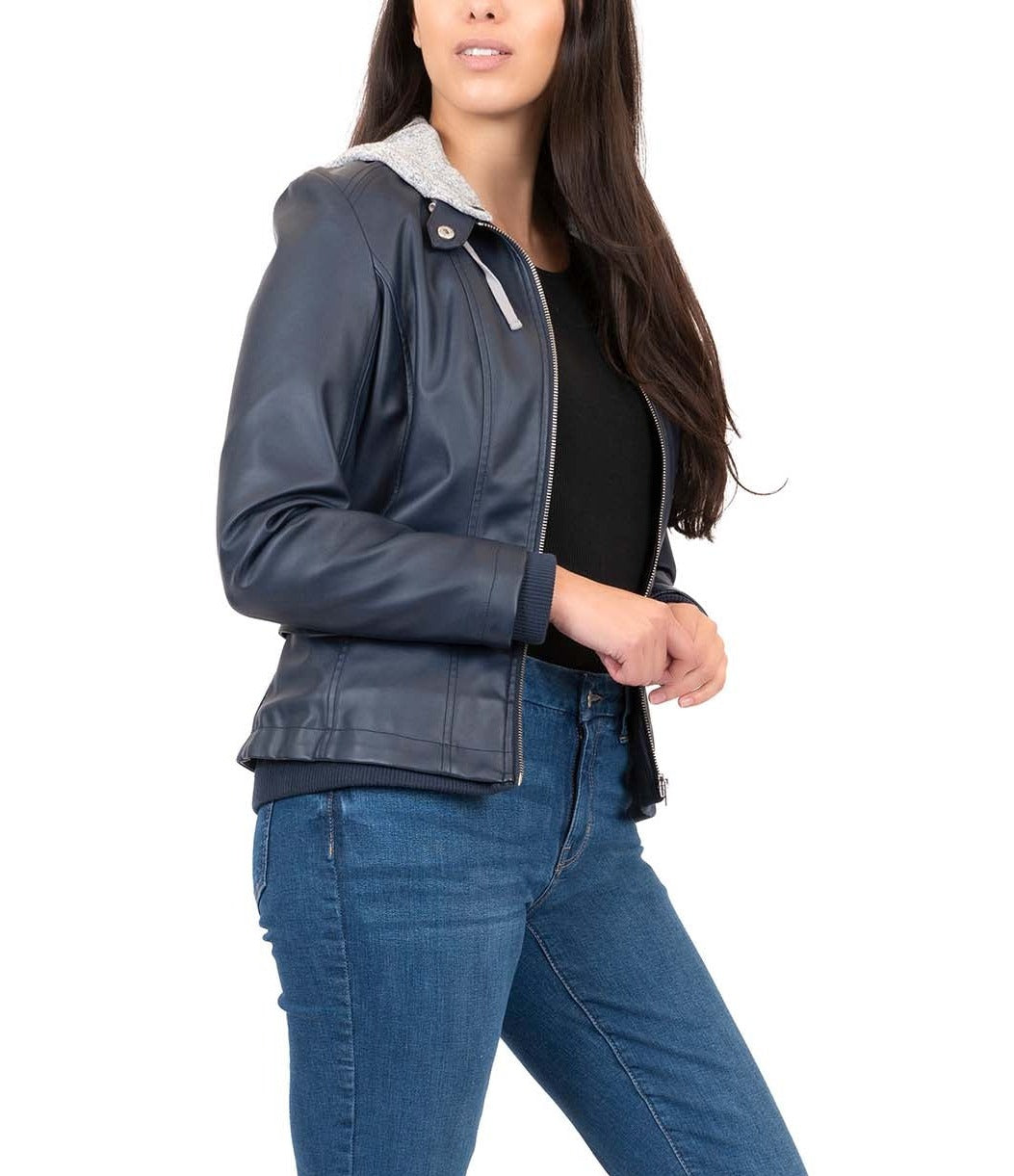 Faux Leather Jacket with Knit Hood