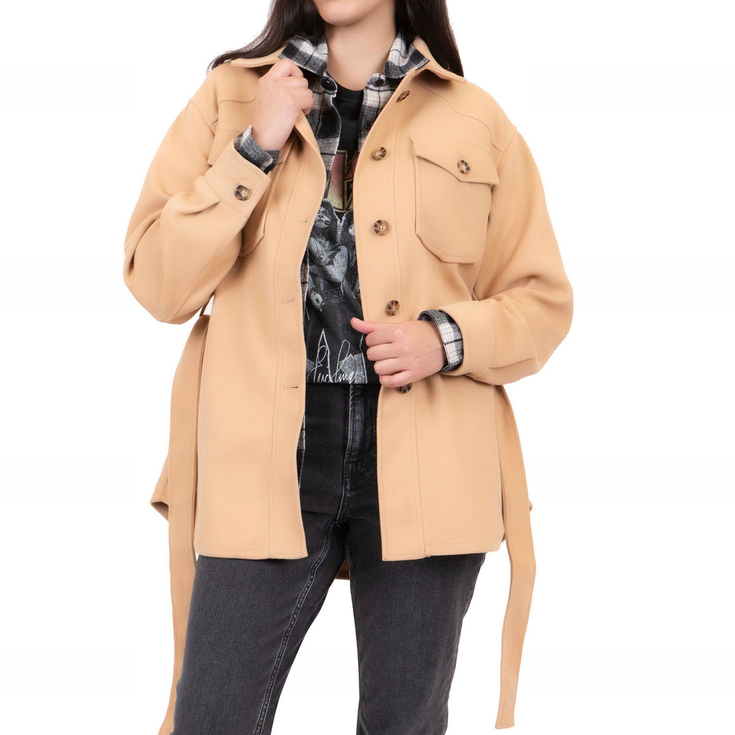 Faux Wool Belted Shirt Jacket (Unlined)