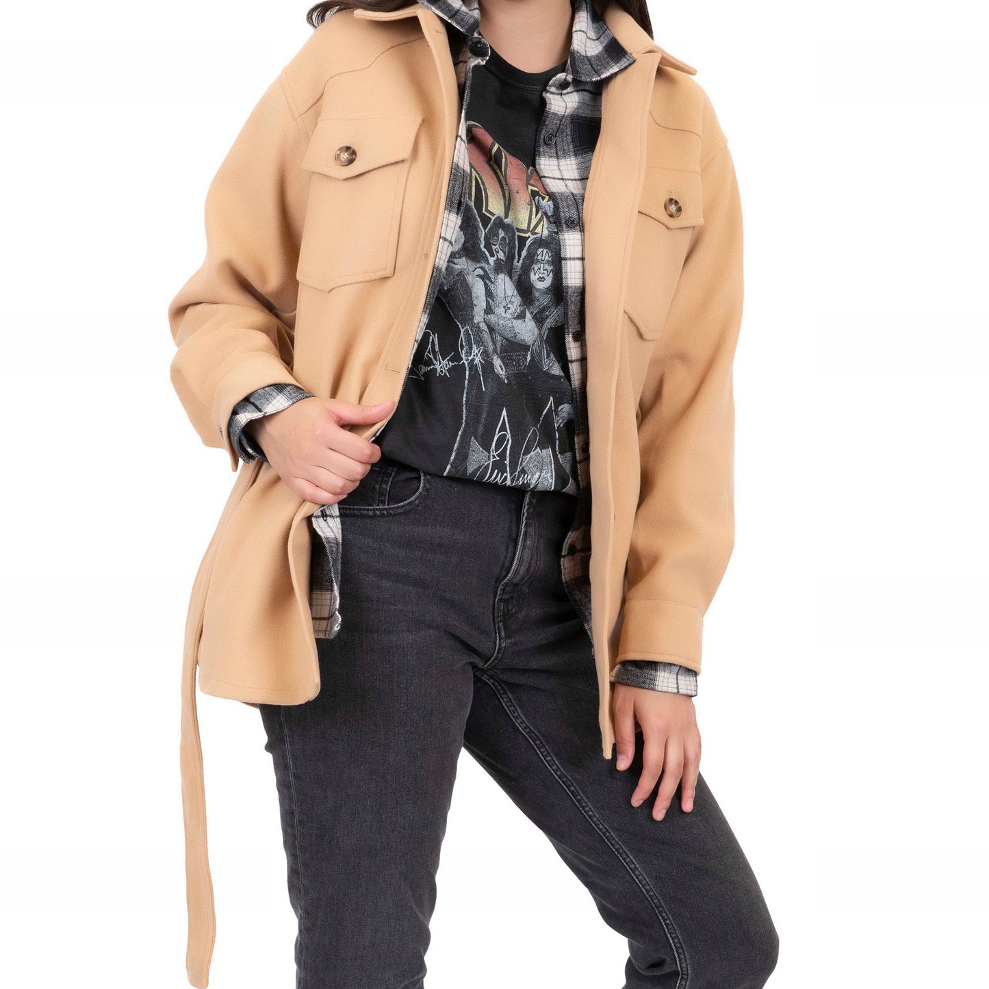 Faux Wool Belted Shirt Jacket (Unlined)