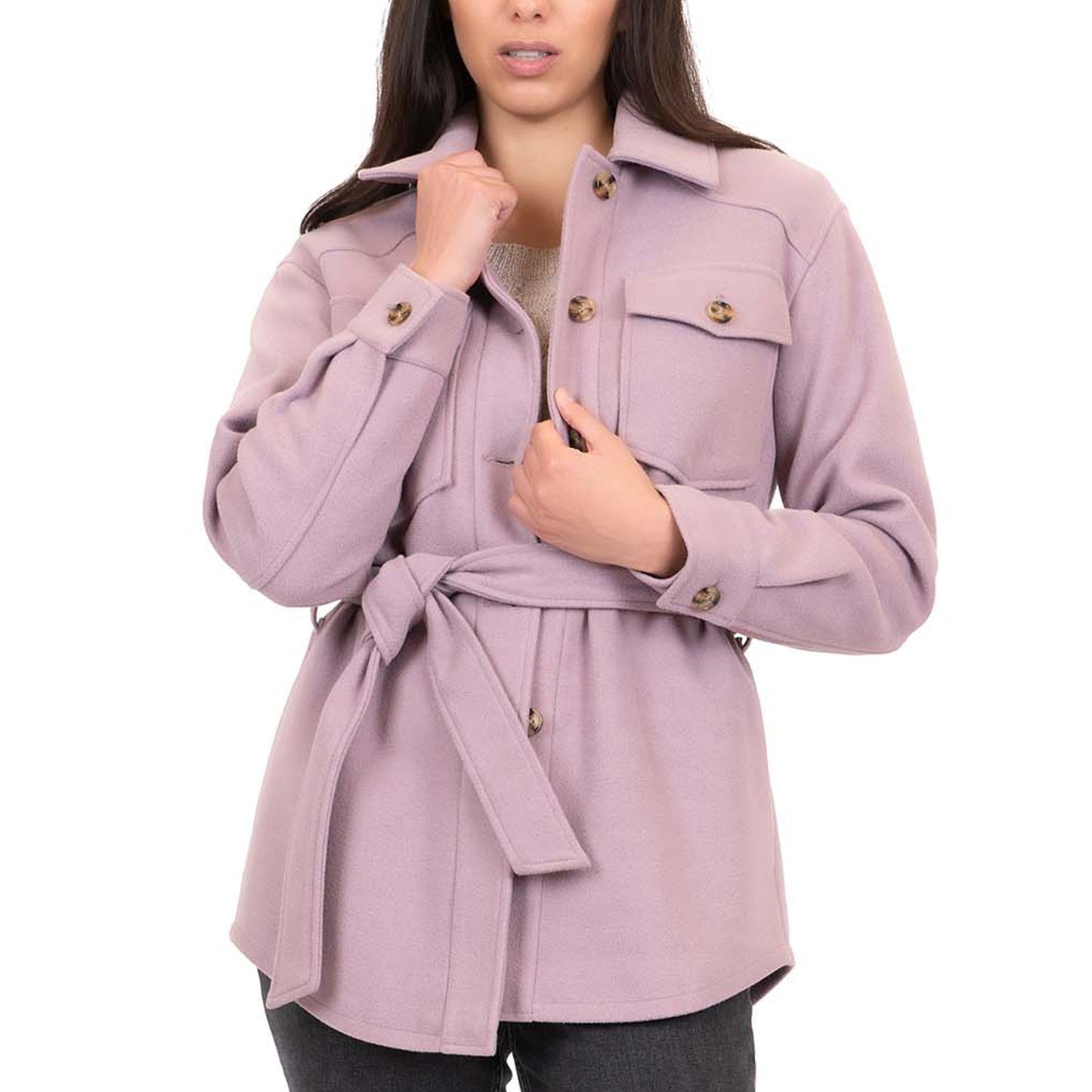 Faux Wool Belted Shirt Jacket