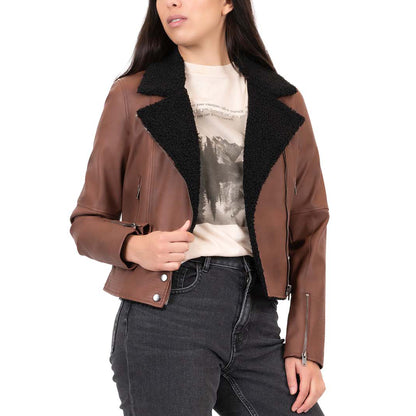 Faux Leather Jacket with Sherpa Collar