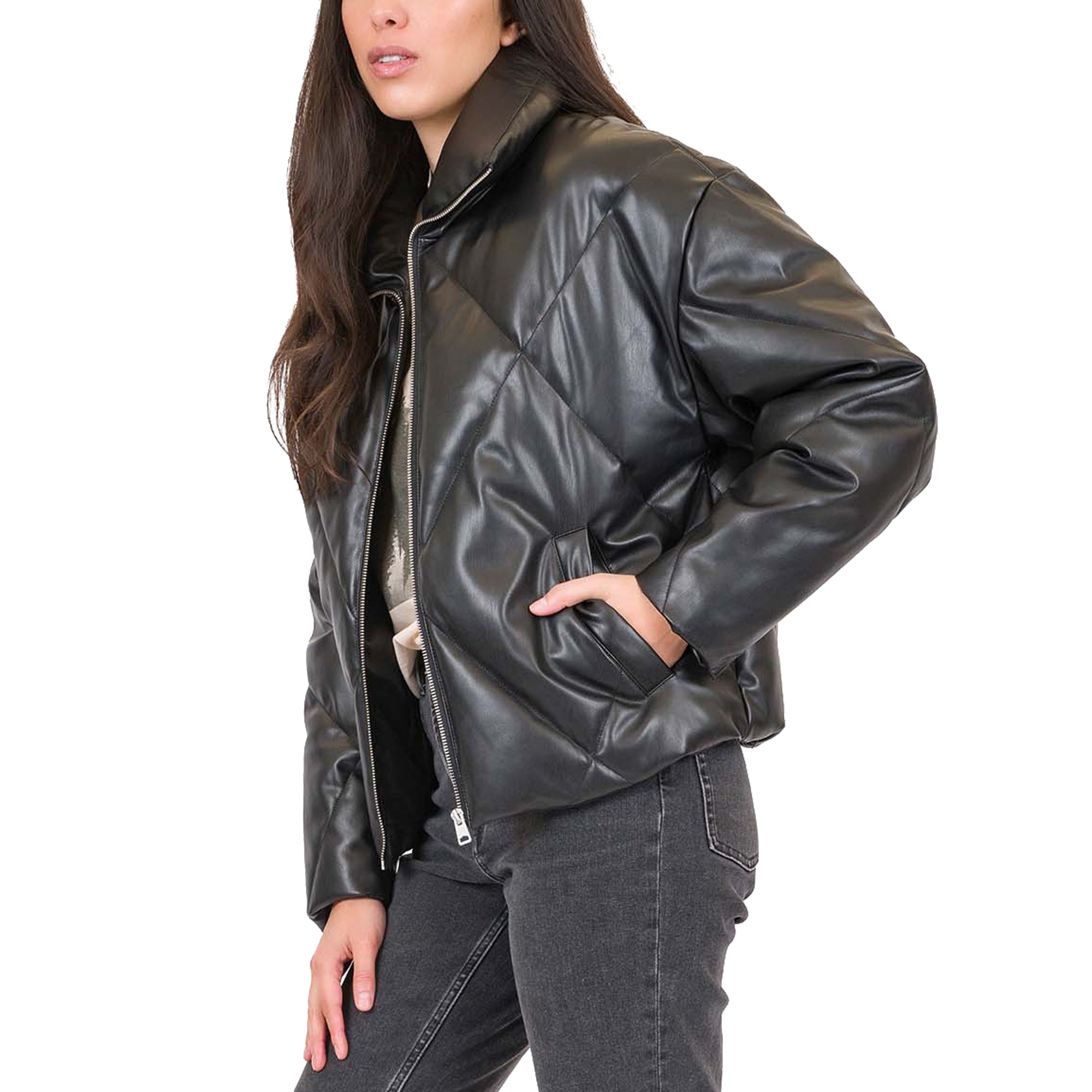 Diamond Quilt Faux Leather Puffer