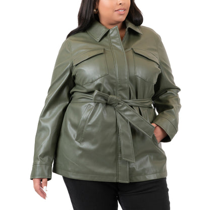 Plus Size Faux Leather Belted Four-Pocket Jacket