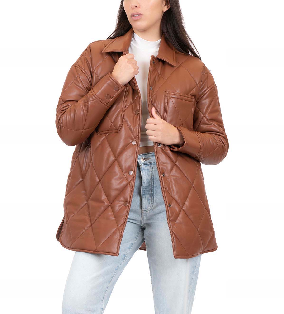 Quilted Faux Leather Shirt Jacket
