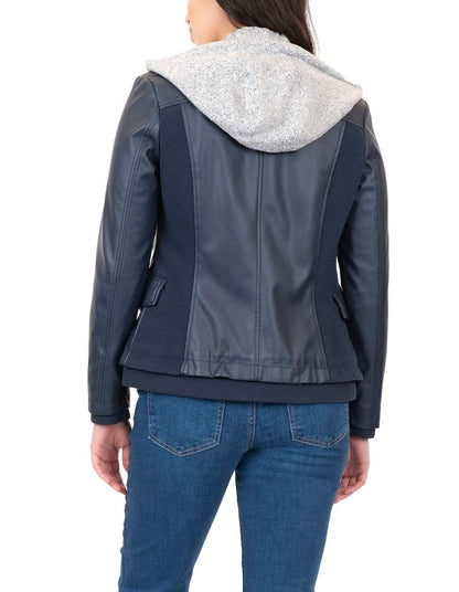 Faux Leather Jacket with Knit Hood