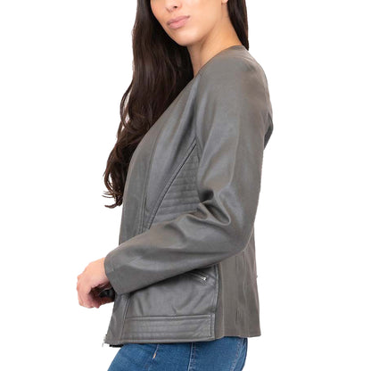 Collarless Faux Leather Jacket