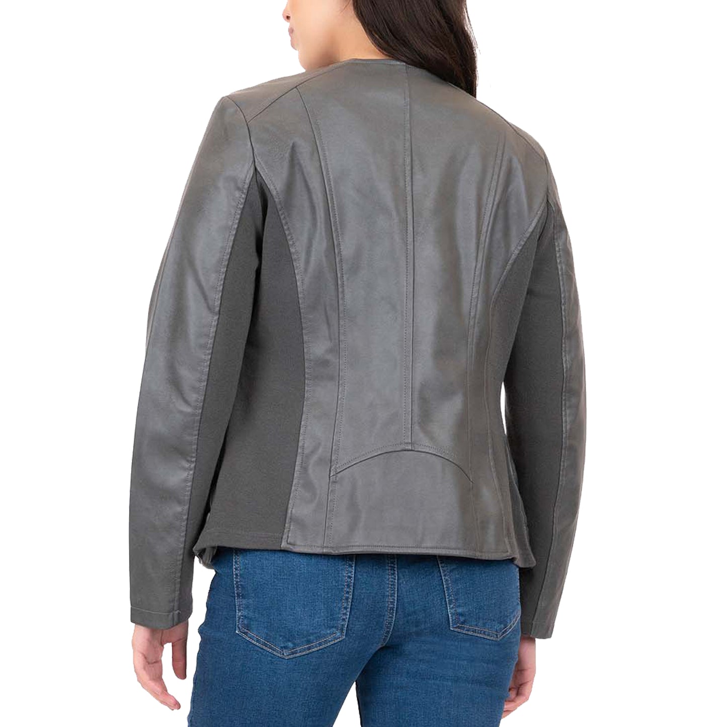Collarless Faux Leather Jacket